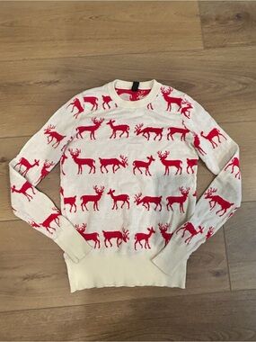 Crewneck Reindeer Pattern Sweater - Cream with Red Motif